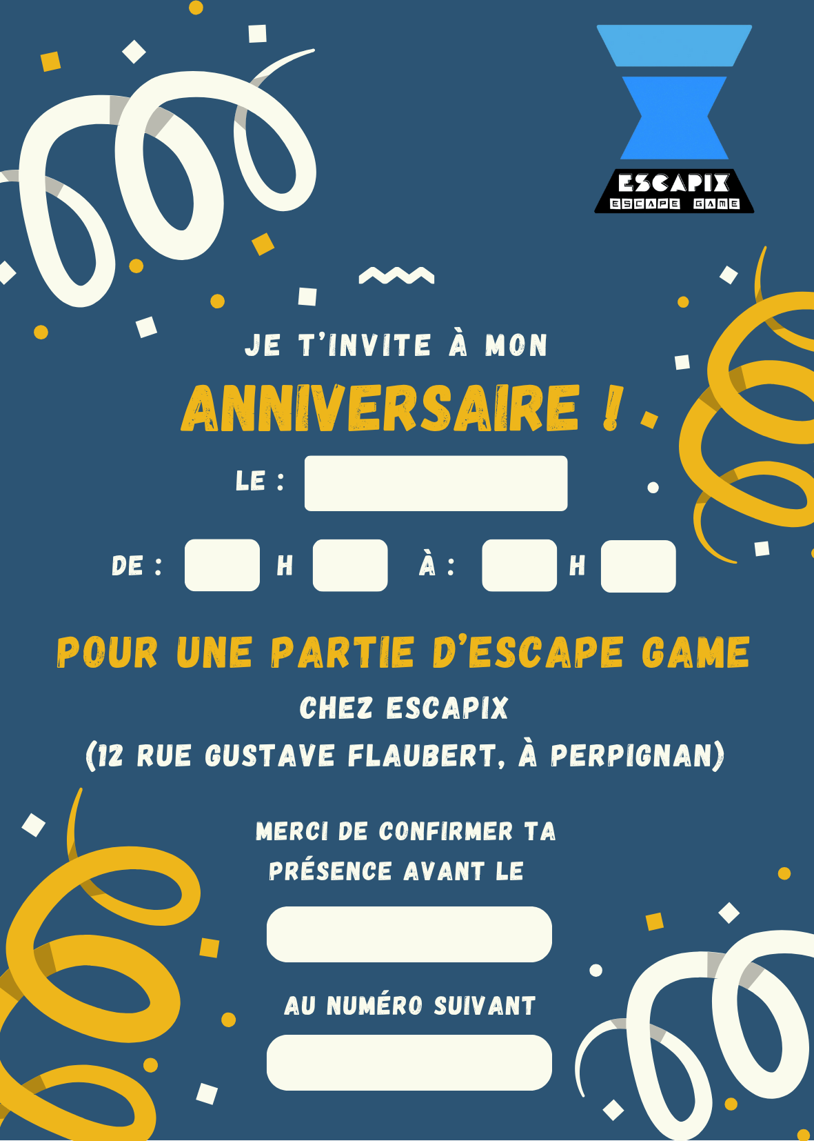 Carton invitation anniversaire chez Escapix